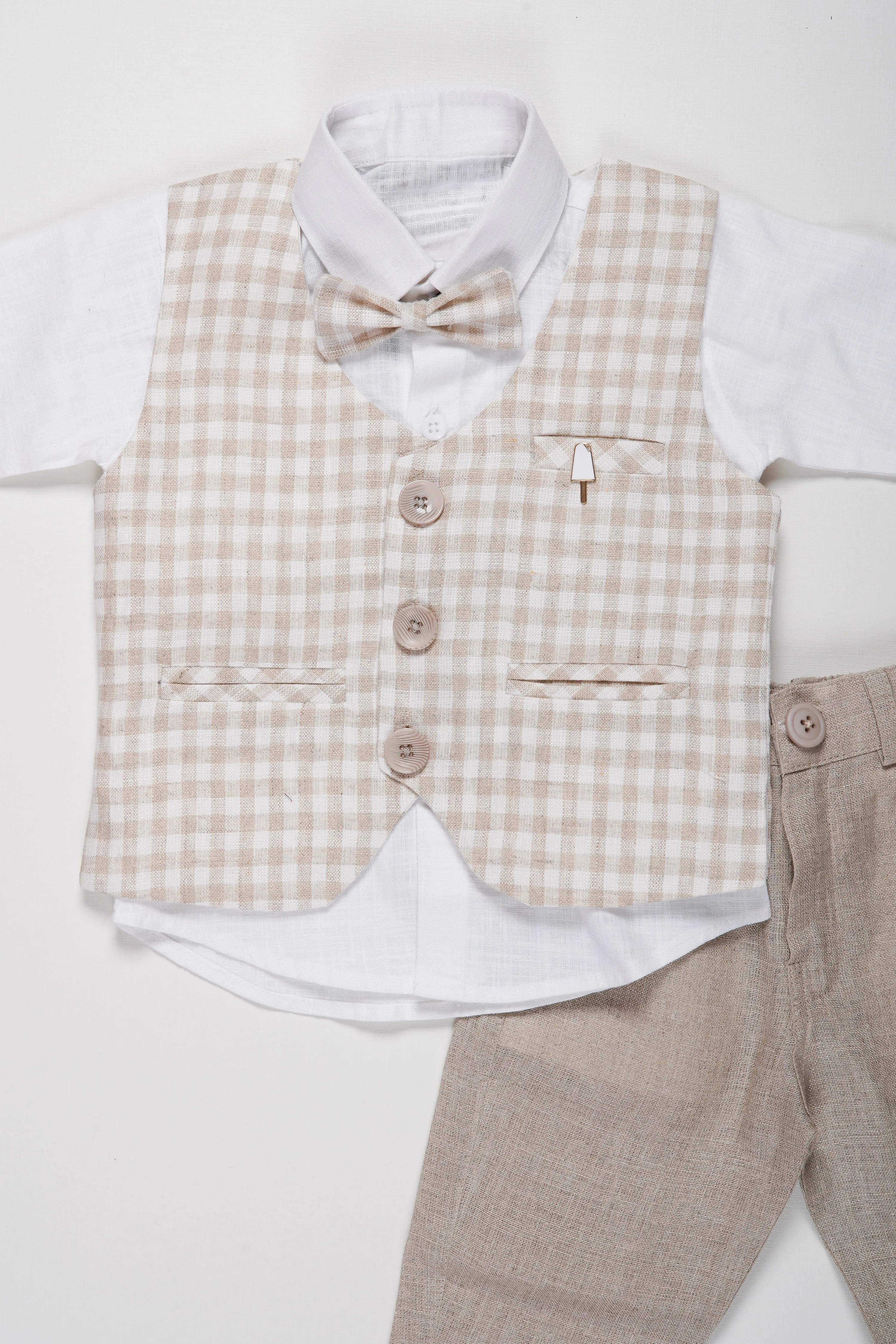 Boys Formal Checkered Jacket Set | Elegant Shirt, Grey Pants, and Bow Tie Combo for Boys