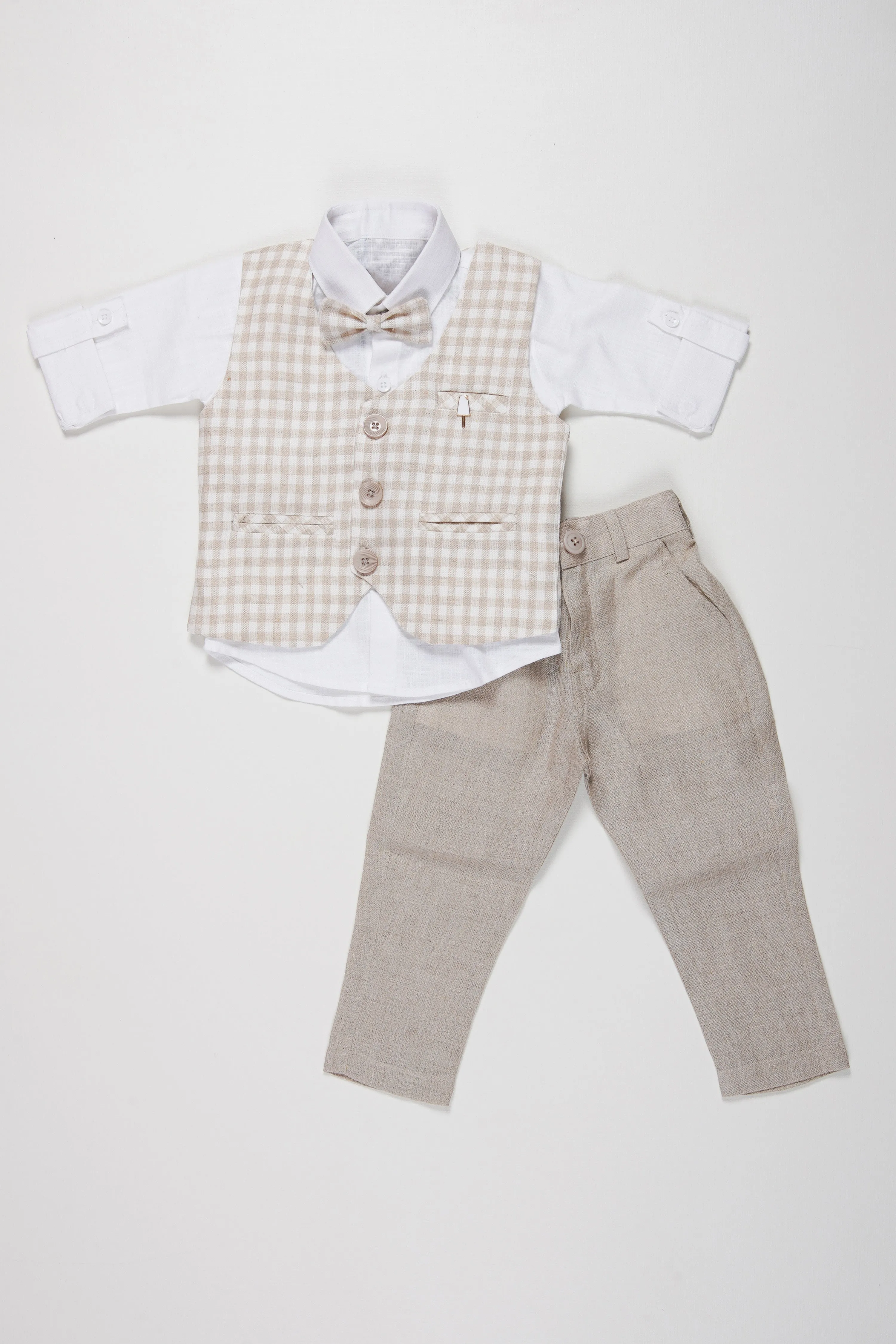 Boys Formal Checkered Jacket Set | Elegant Shirt, Grey Pants, and Bow Tie Combo for Boys