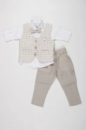 Boys Formal Checkered Jacket Set | Elegant Shirt, Grey Pants, and Bow Tie Combo for Boys