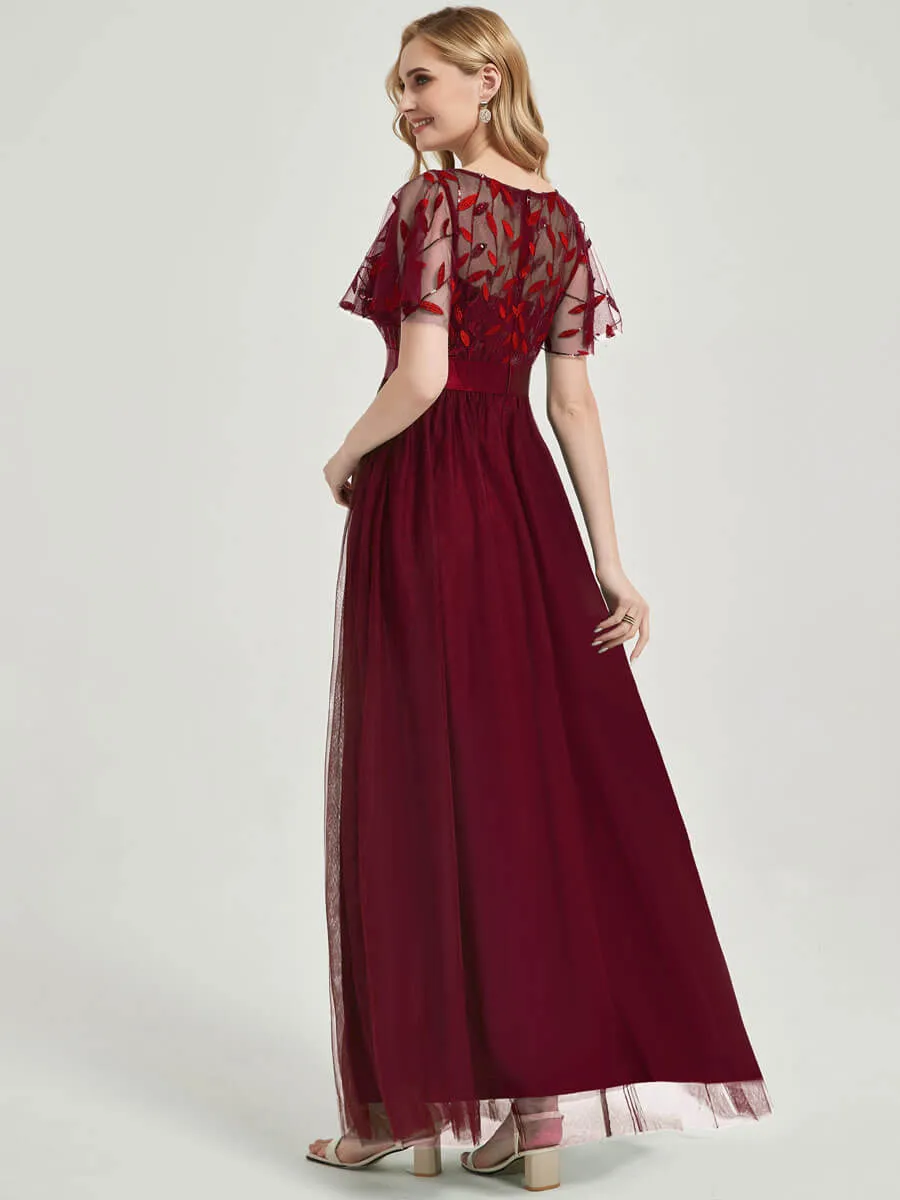 Burgundy Sheer Sleeve A-Line Floor Length Sequin Formal Dress For Brides