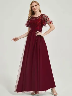 Burgundy Sheer Sleeve A-Line Floor Length Sequin Formal Dress For Brides