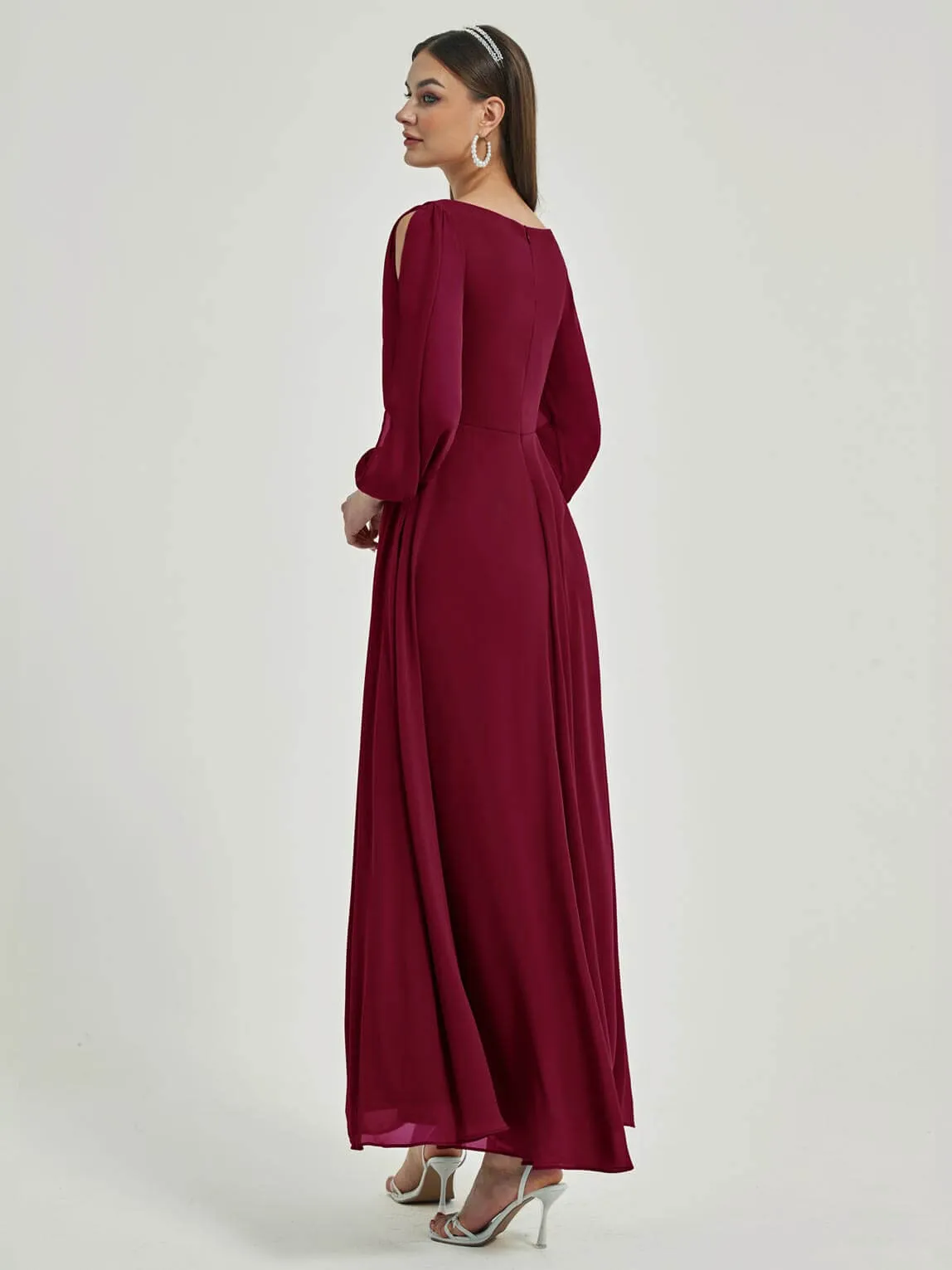 Burgundy V-Neck Long Slit Sleeve Pleated Flowy Chiffon Formal Dress