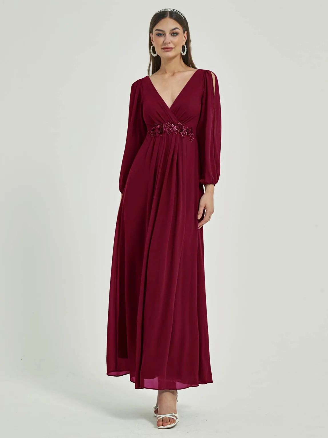 Burgundy V-Neck Long Slit Sleeve Pleated Flowy Chiffon Formal Dress