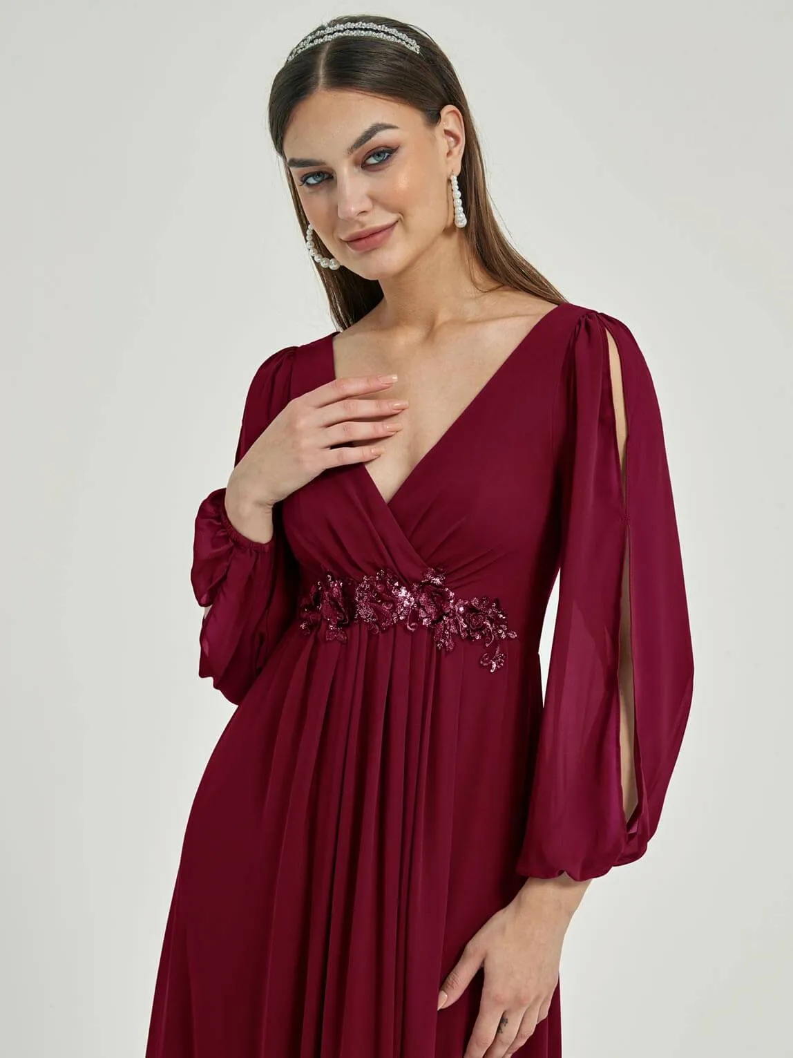 Burgundy V-Neck Long Slit Sleeve Pleated Flowy Chiffon Formal Dress