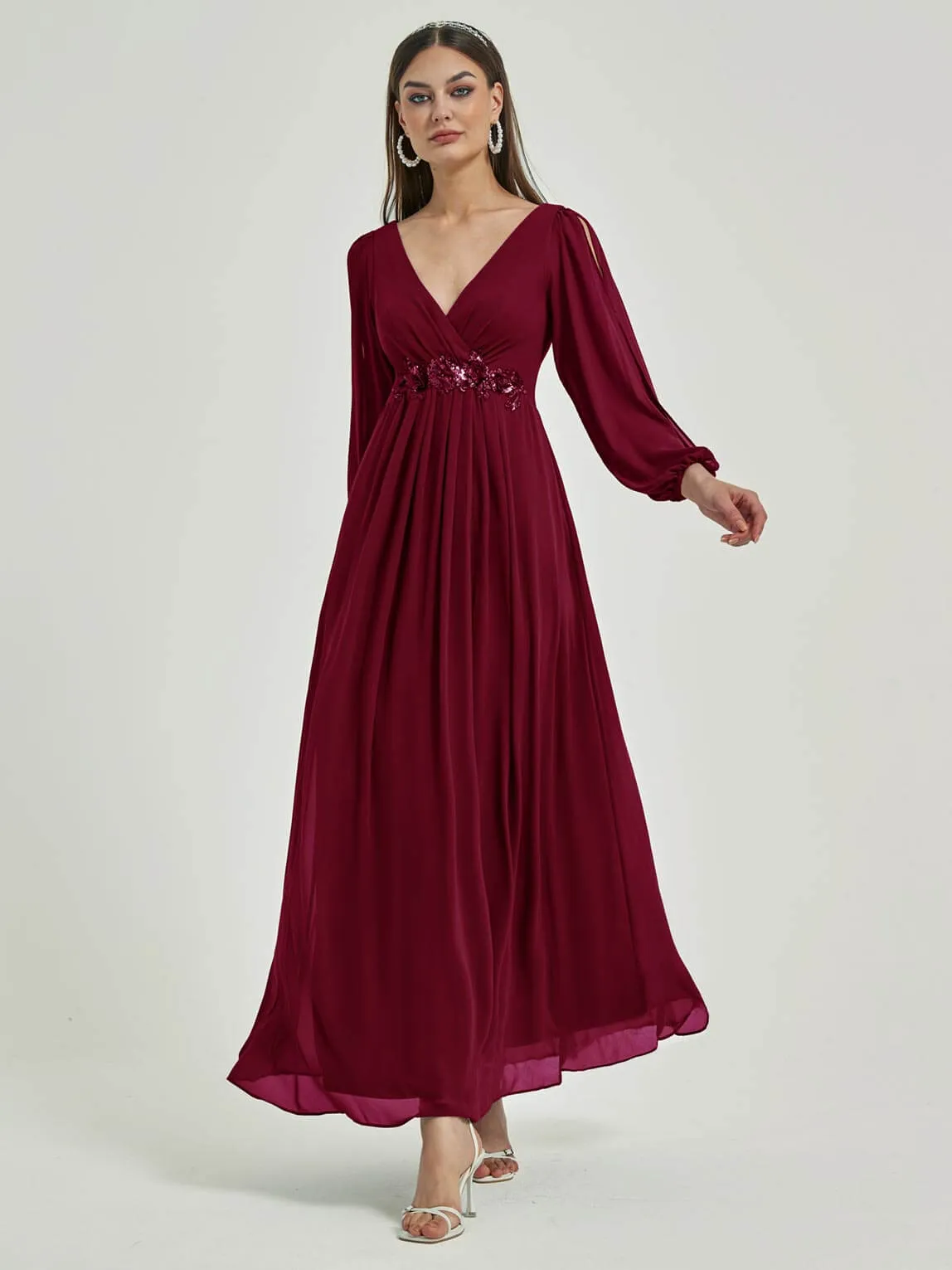 Burgundy V-Neck Long Slit Sleeve Pleated Flowy Chiffon Formal Dress