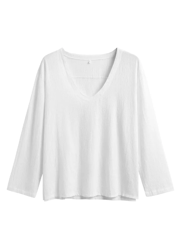 Casual Loose Fit Solid V-neck Cotton Linen Top