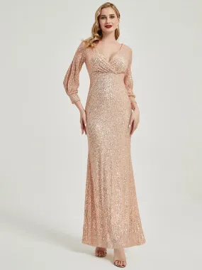 Champagne Gold Sequin V-Neck Long Sleeve Formal Mermaid Evening Dress