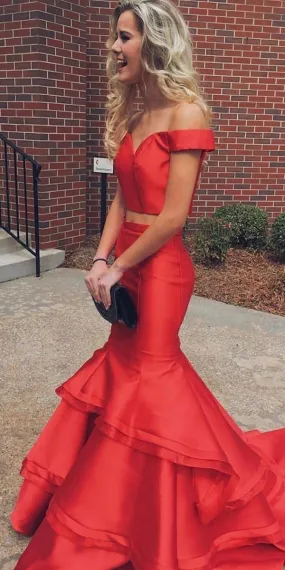 Charming V neck Off Shoulder Red Prom Dress, Long Formal Dress H2837