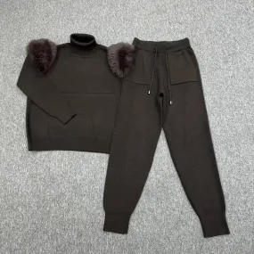 Chocolate Luxury Fur Roll Neck Jogger Tracksuit