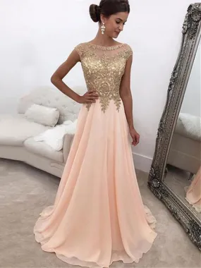 Custom Made A Line Round Neck Lace Pink Chiffon Prom Dress, Pink Formal Dress