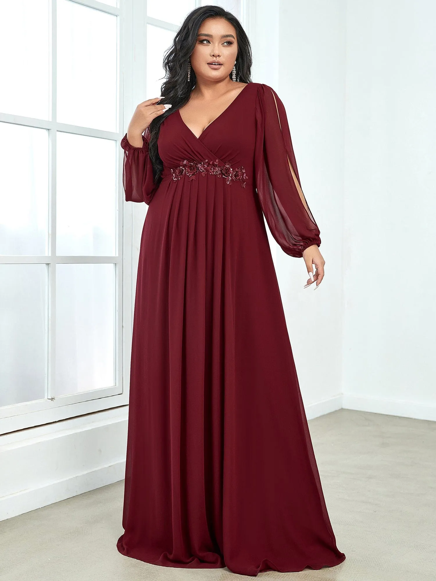 Custom Size Chiffon V-Neckline Long Sleeve Formal Evening Dress