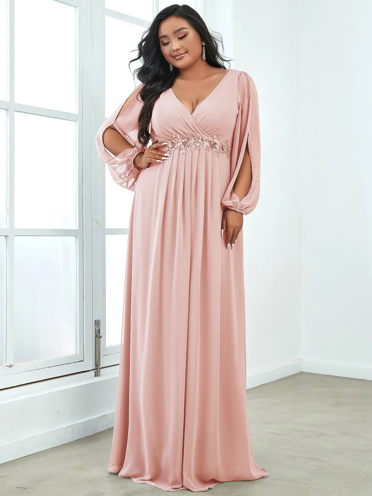 Custom Size Chiffon V-Neckline Long Sleeve Formal Evening Dress