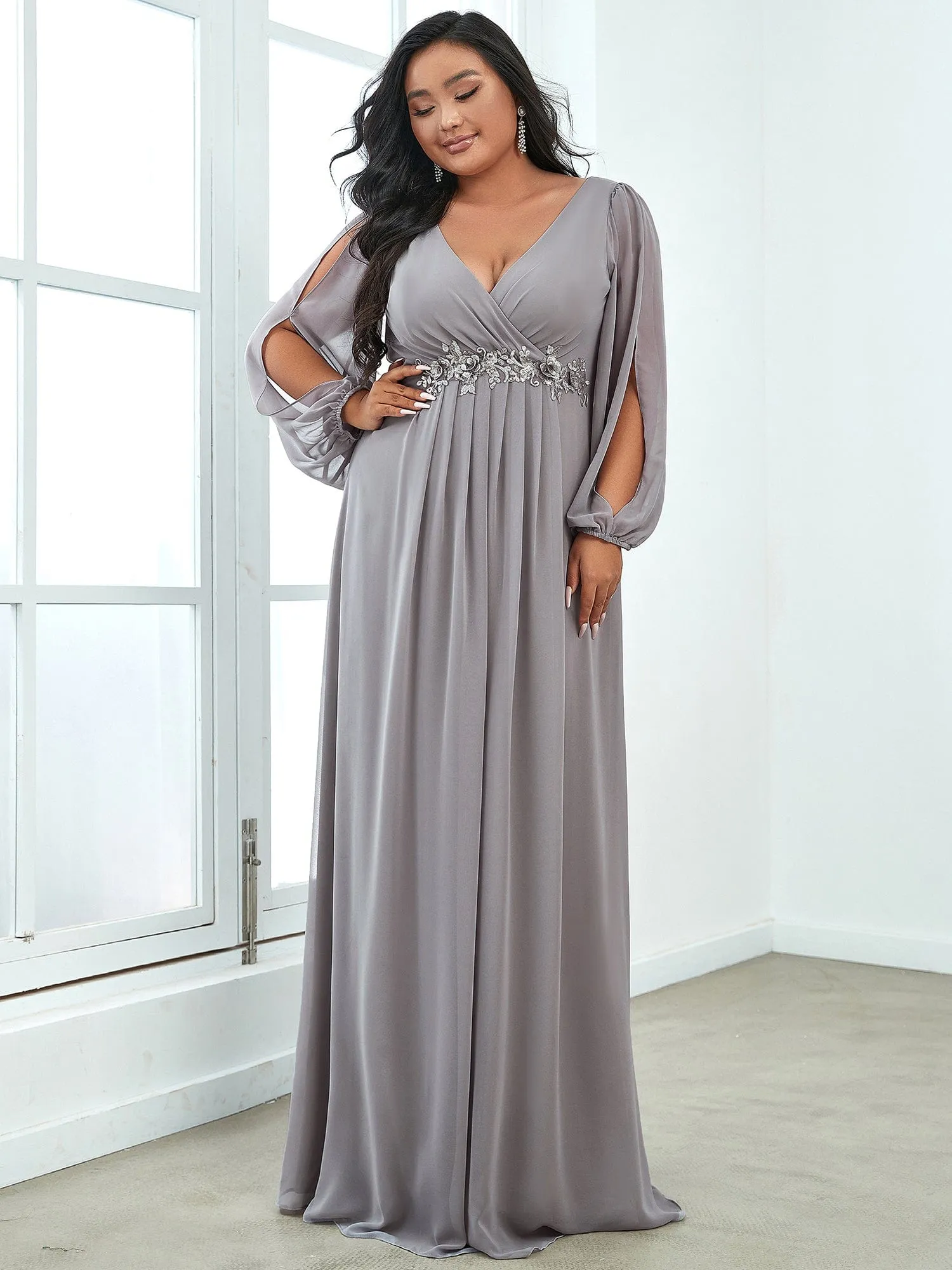 Custom Size Chiffon V-Neckline Long Sleeve Formal Evening Dress