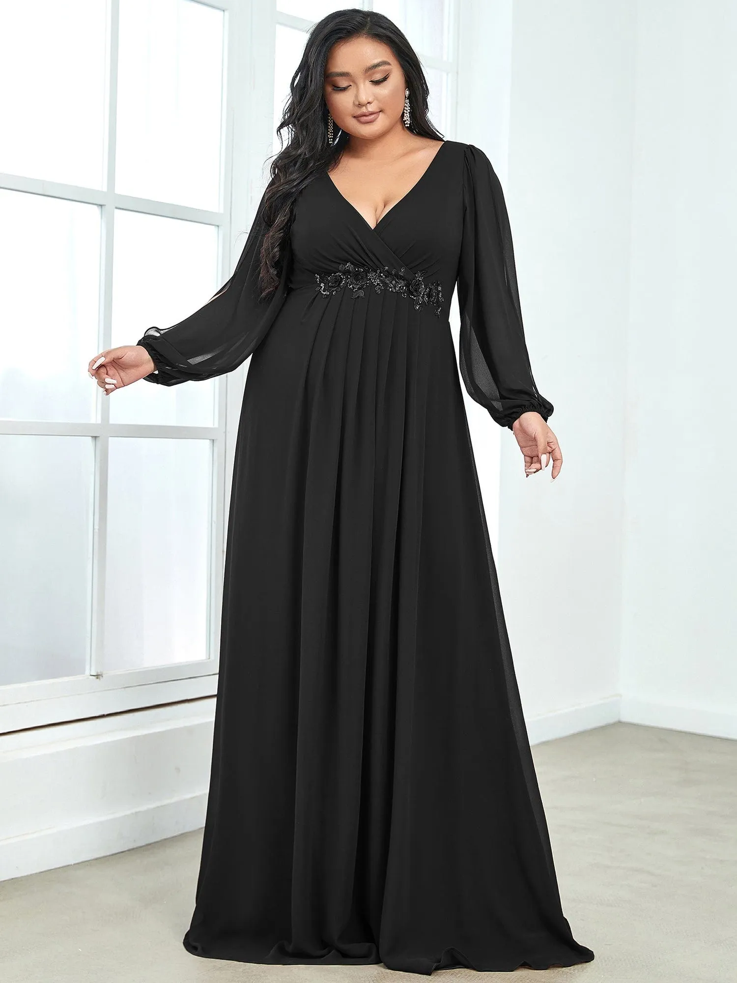 Custom Size Chiffon V-Neckline Long Sleeve Formal Evening Dress