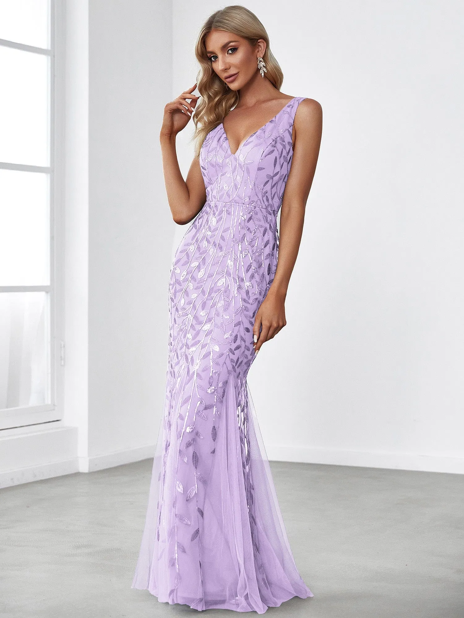 Custom Size Double V-Neck Fishtail Sequin Formal Maxi Evening Dress