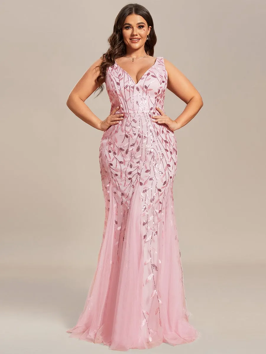 Custom Size Double V-Neck Fishtail Sequin Formal Maxi Evening Dress