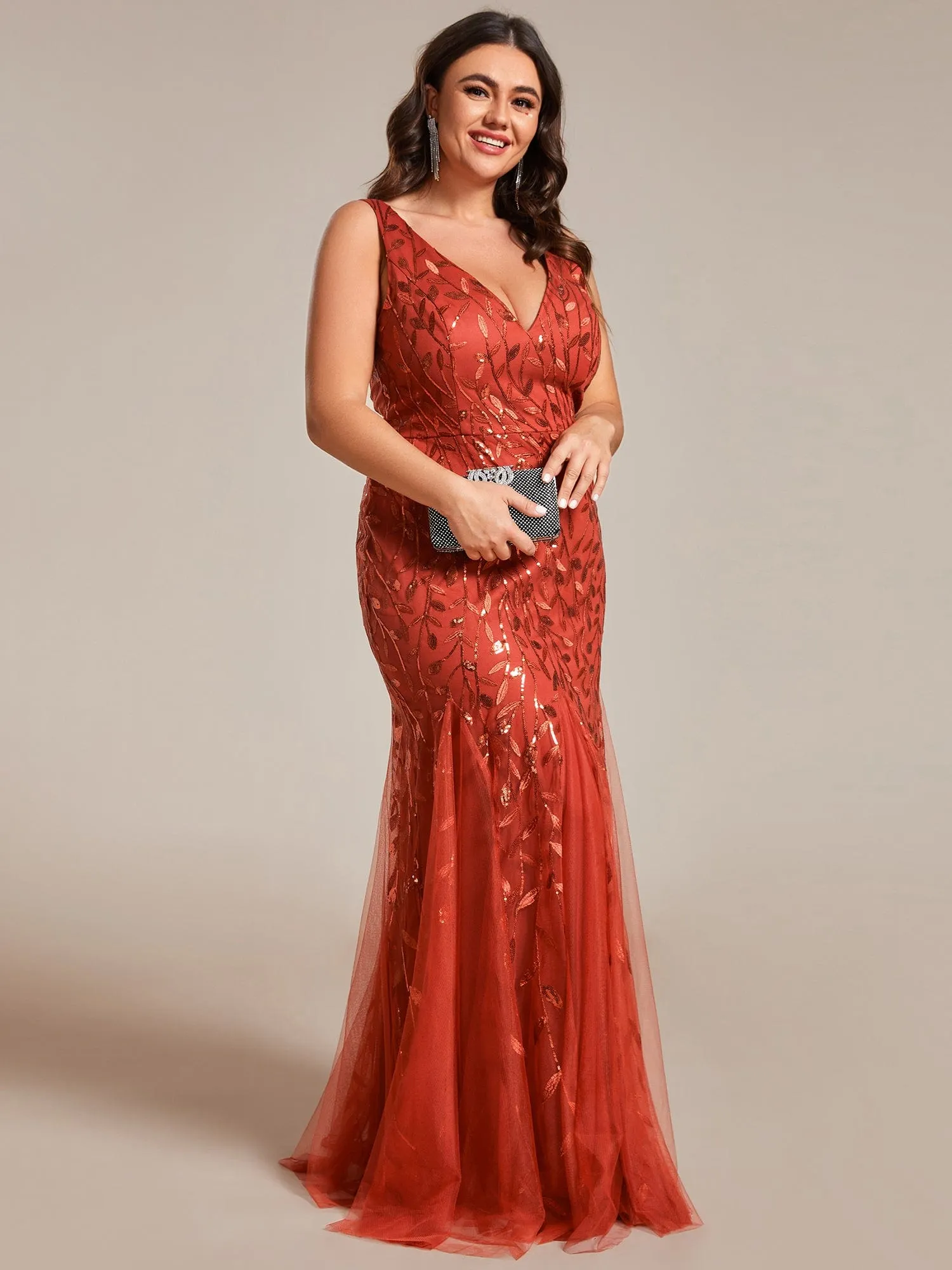 Custom Size Double V-Neck Fishtail Sequin Formal Maxi Evening Dress