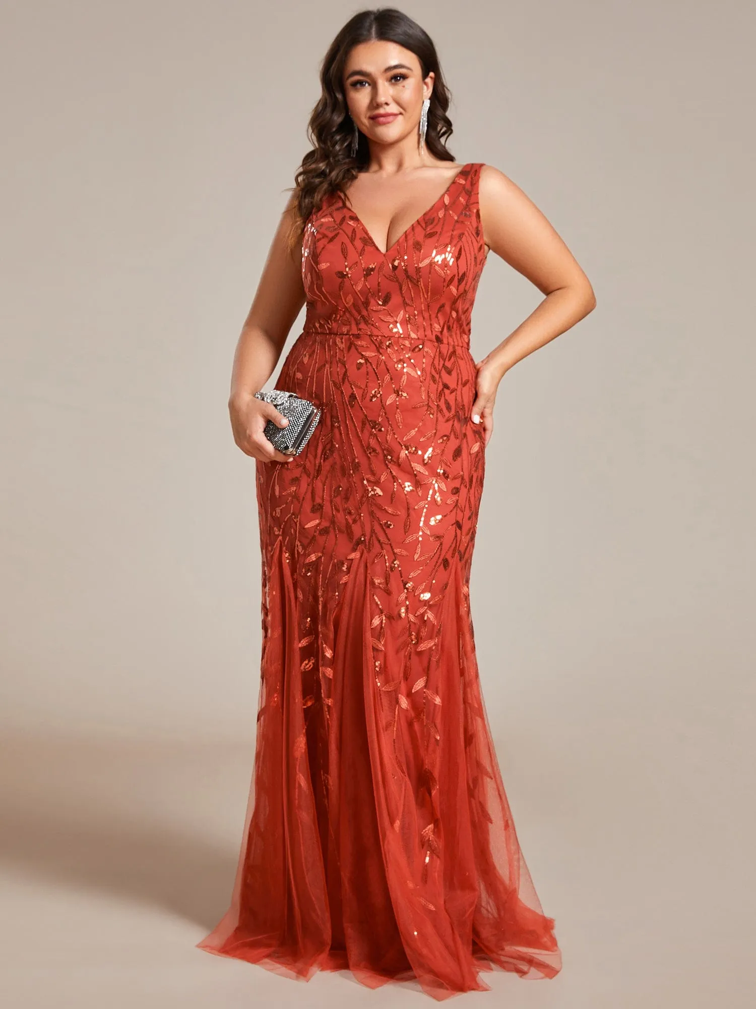 Custom Size Double V-Neck Fishtail Sequin Formal Maxi Evening Dress