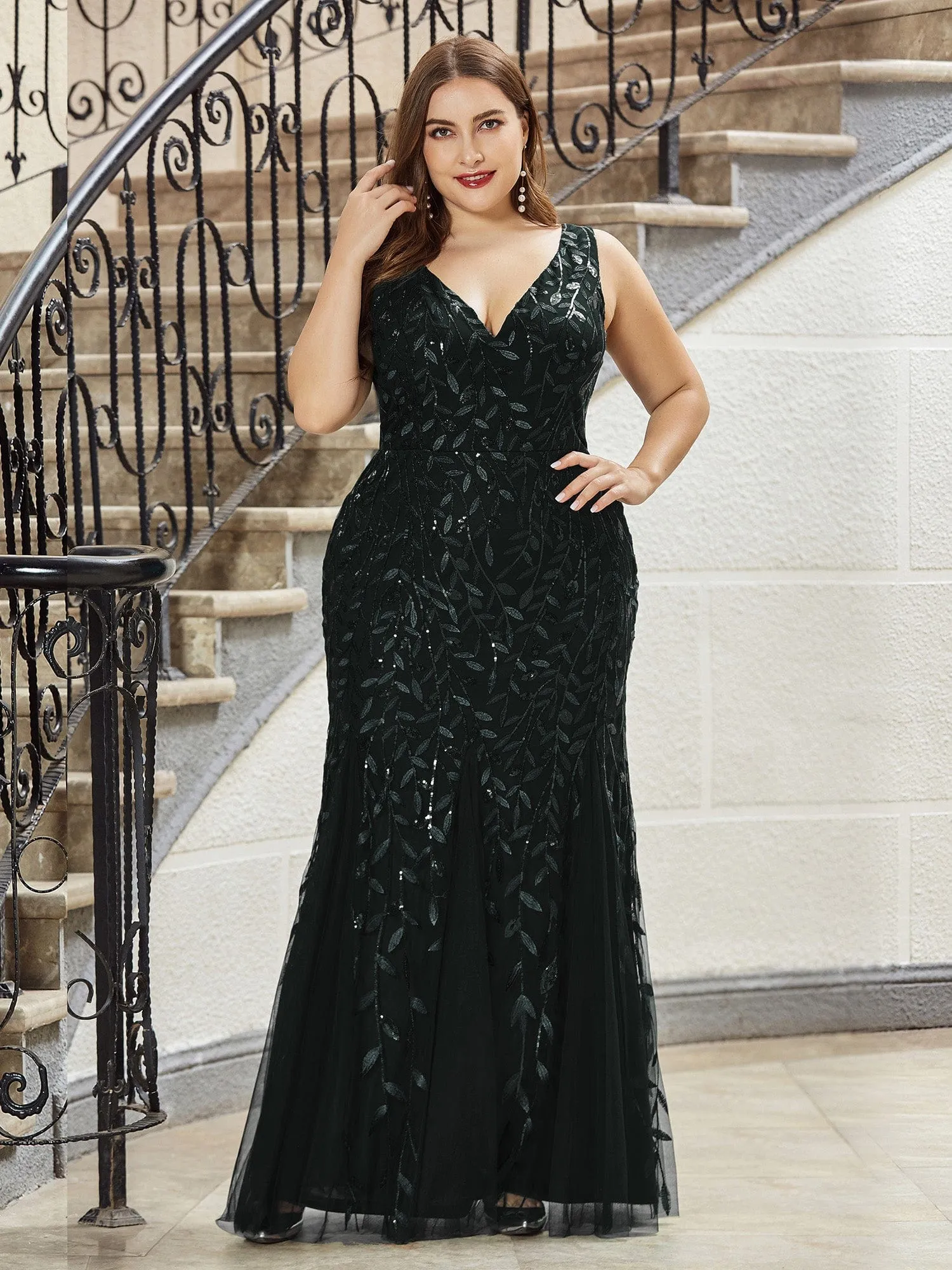 Custom Size Double V-Neck Fishtail Sequin Formal Maxi Evening Dress