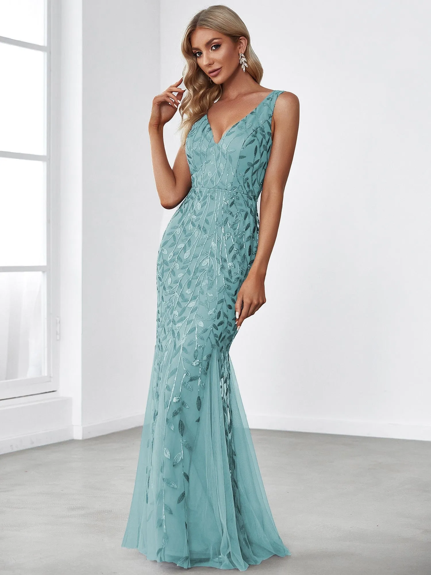 Custom Size Double V-Neck Fishtail Sequin Formal Maxi Evening Dress