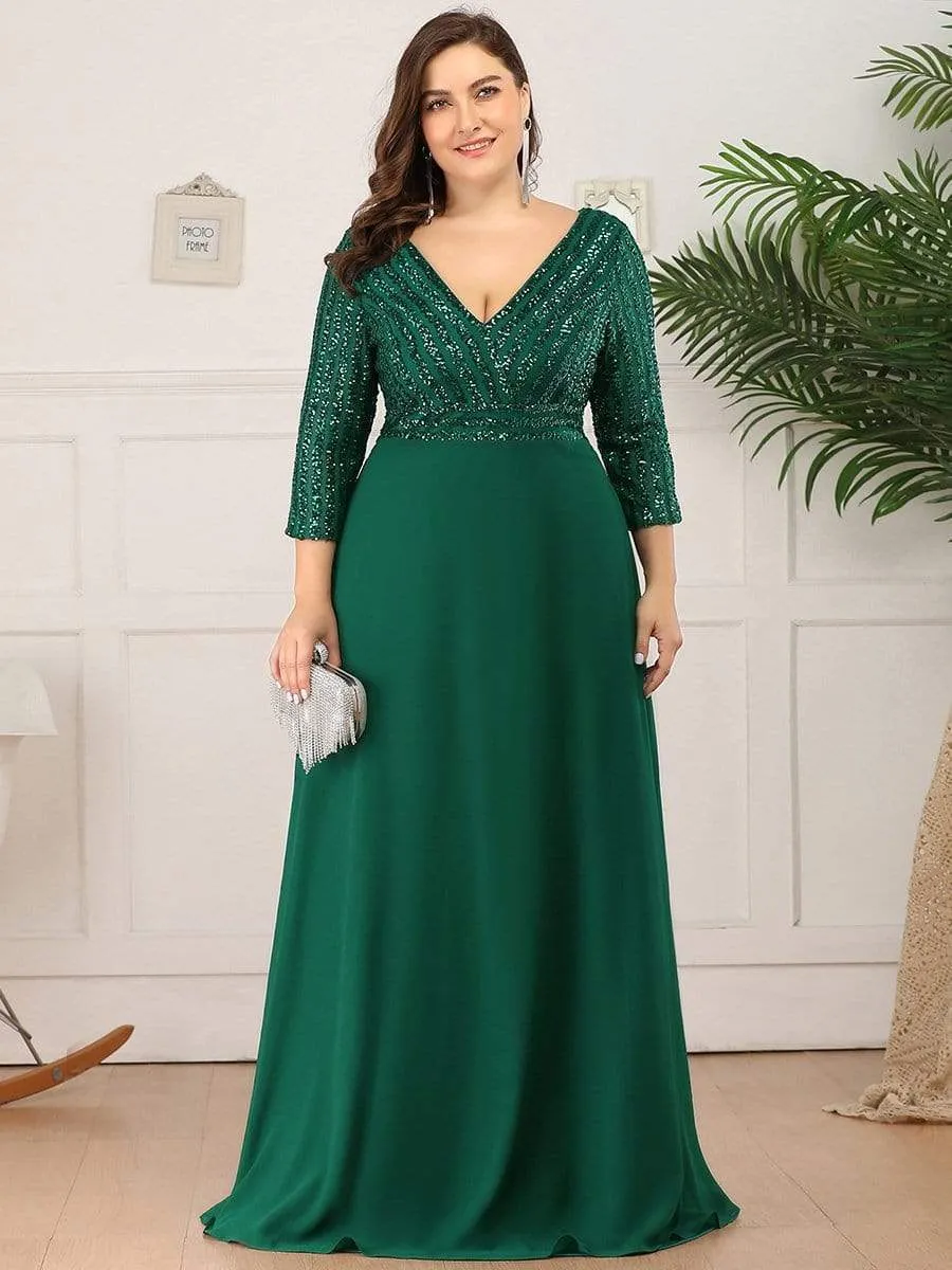 Custom Size V Neck A-Line Sequin Formal Evening Dress with Sleeve