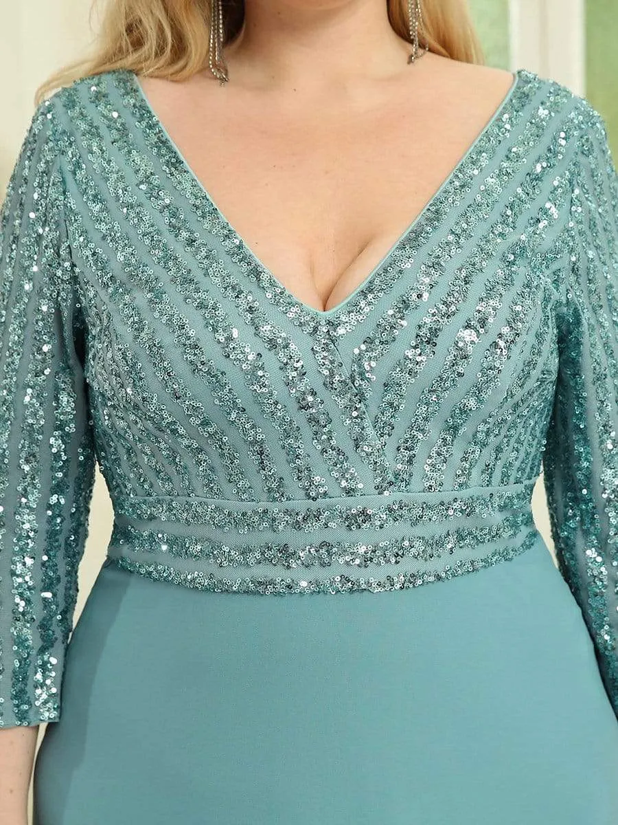 Custom Size V Neck A-Line Sequin Formal Evening Dress with Sleeve