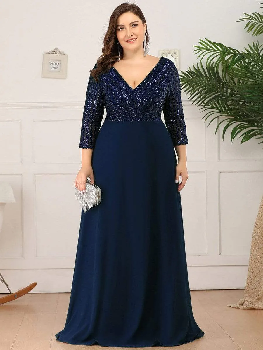 Custom Size V Neck A-Line Sequin Formal Evening Dress with Sleeve