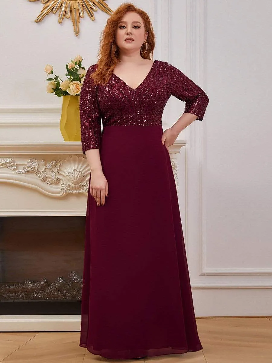 Custom Size V Neck A-Line Sequin Formal Evening Dress with Sleeve