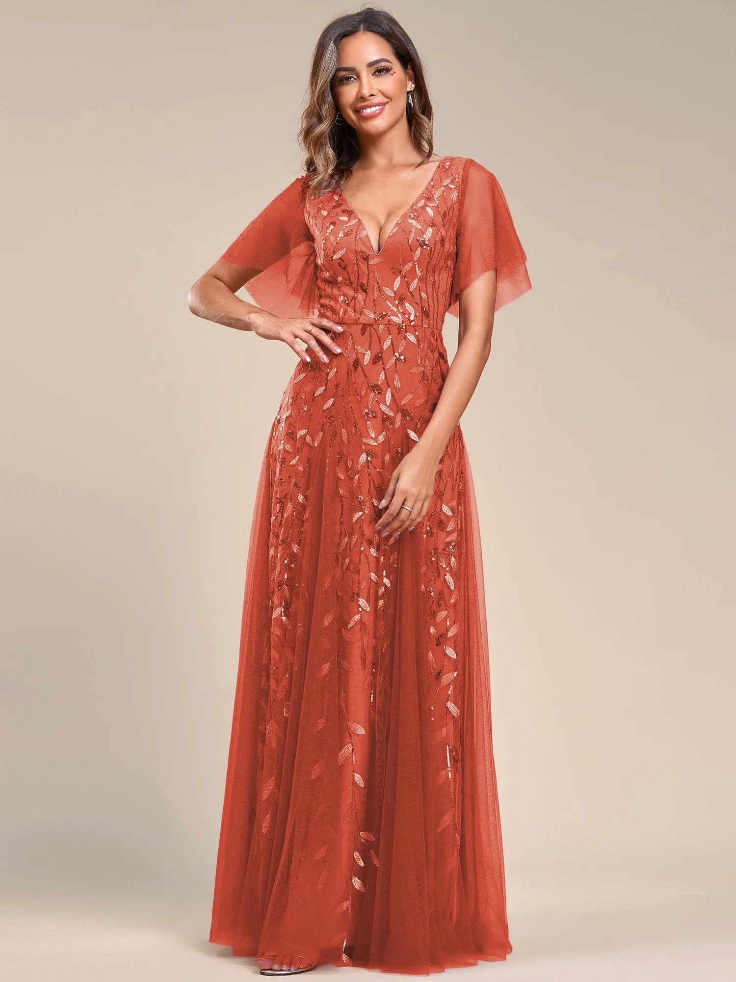 Custom Size V Neck Ruffle Sleeves Sequin Maxi Formal Evening Dress