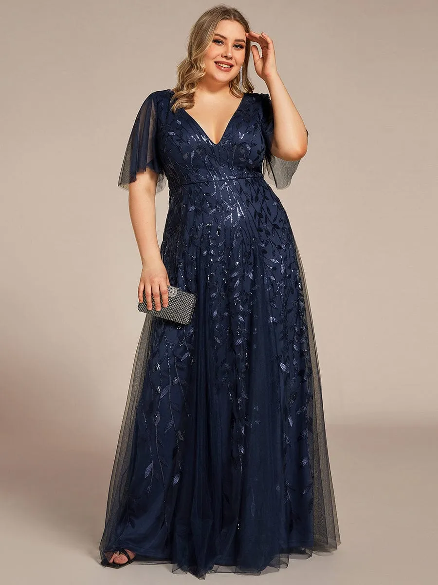 Custom Size V Neck Ruffle Sleeves Sequin Maxi Formal Evening Dress