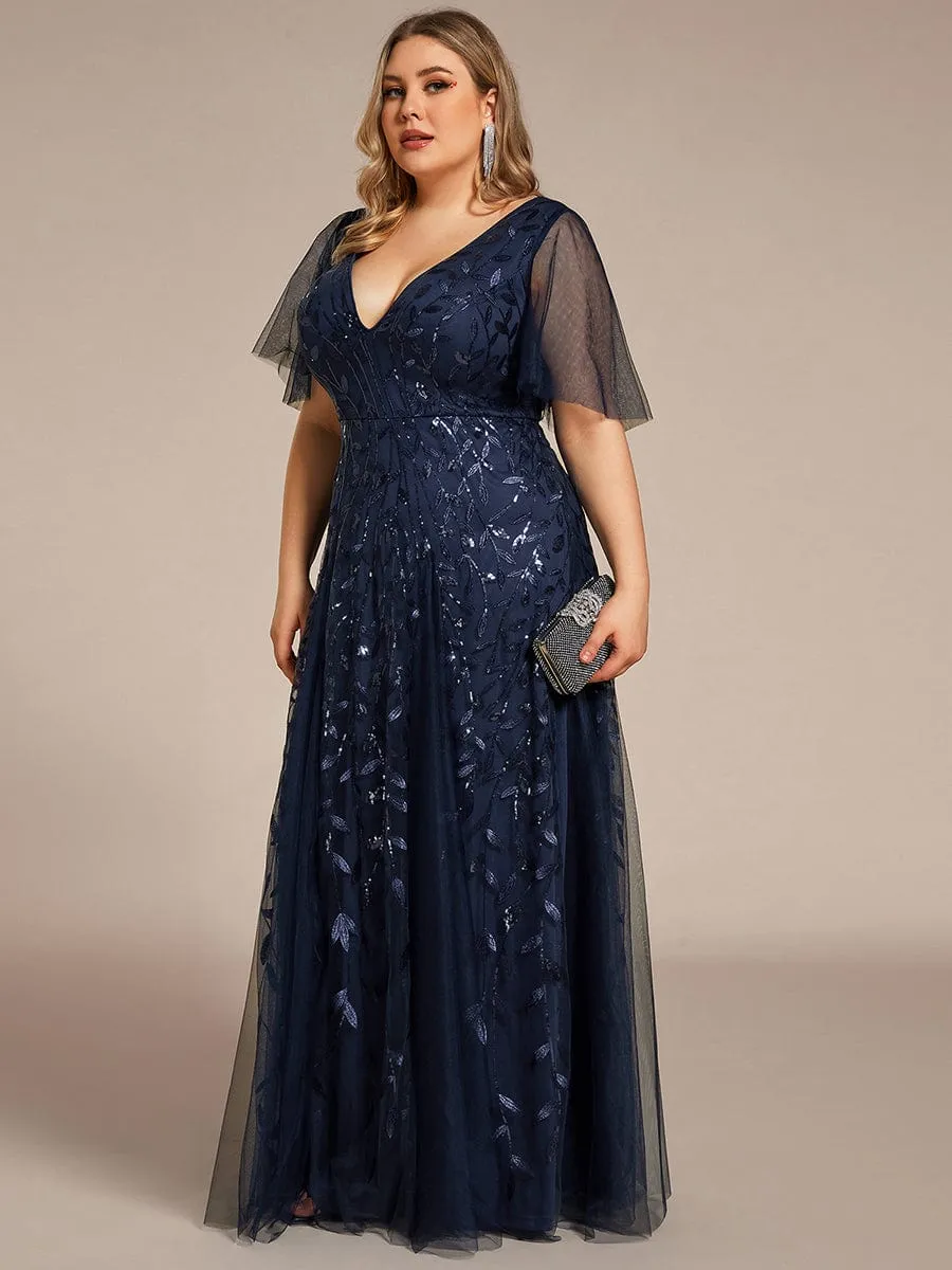 Custom Size V Neck Ruffle Sleeves Sequin Maxi Formal Evening Dress