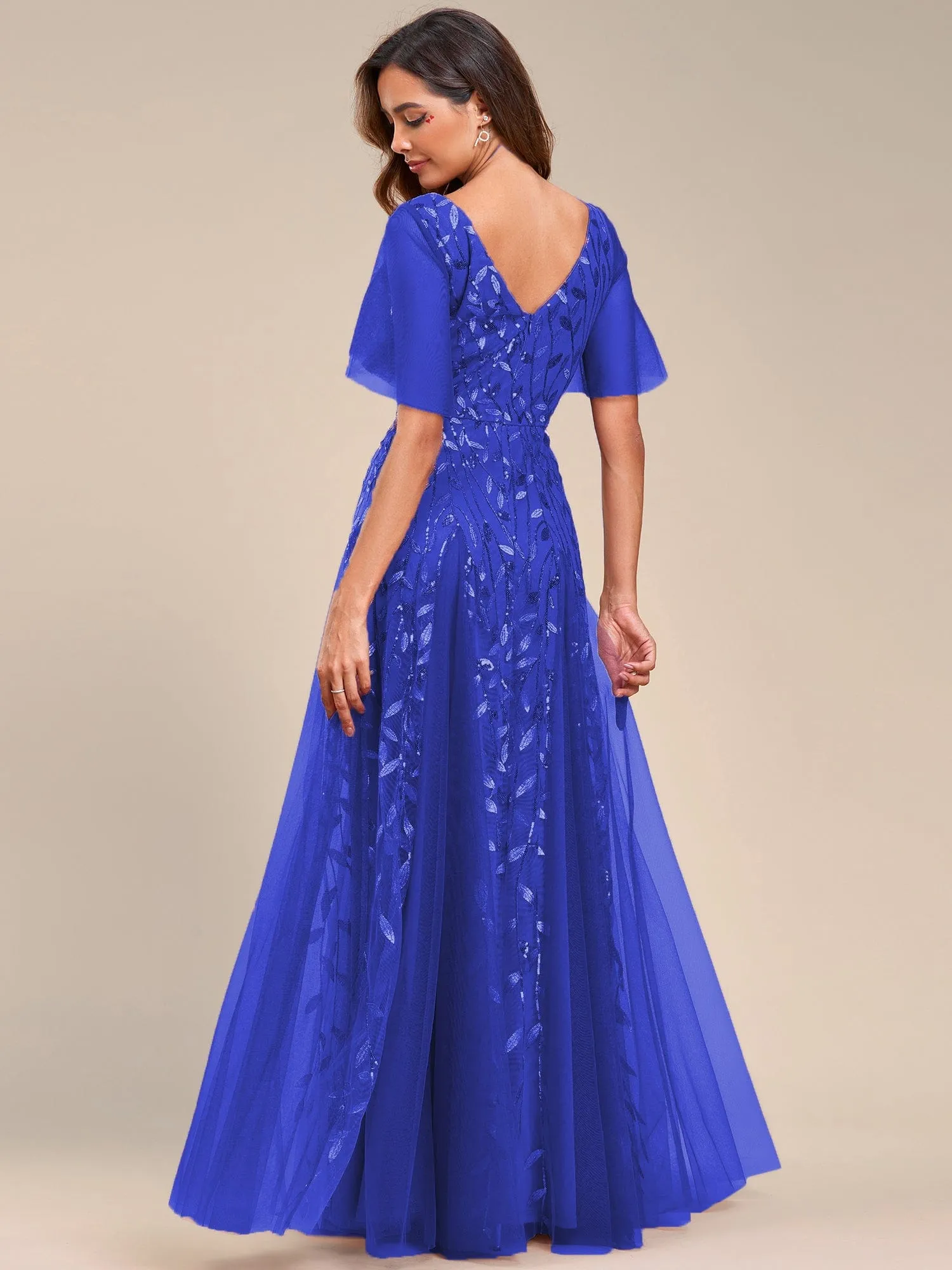 Custom Size V Neck Ruffle Sleeves Sequin Maxi Formal Evening Dress