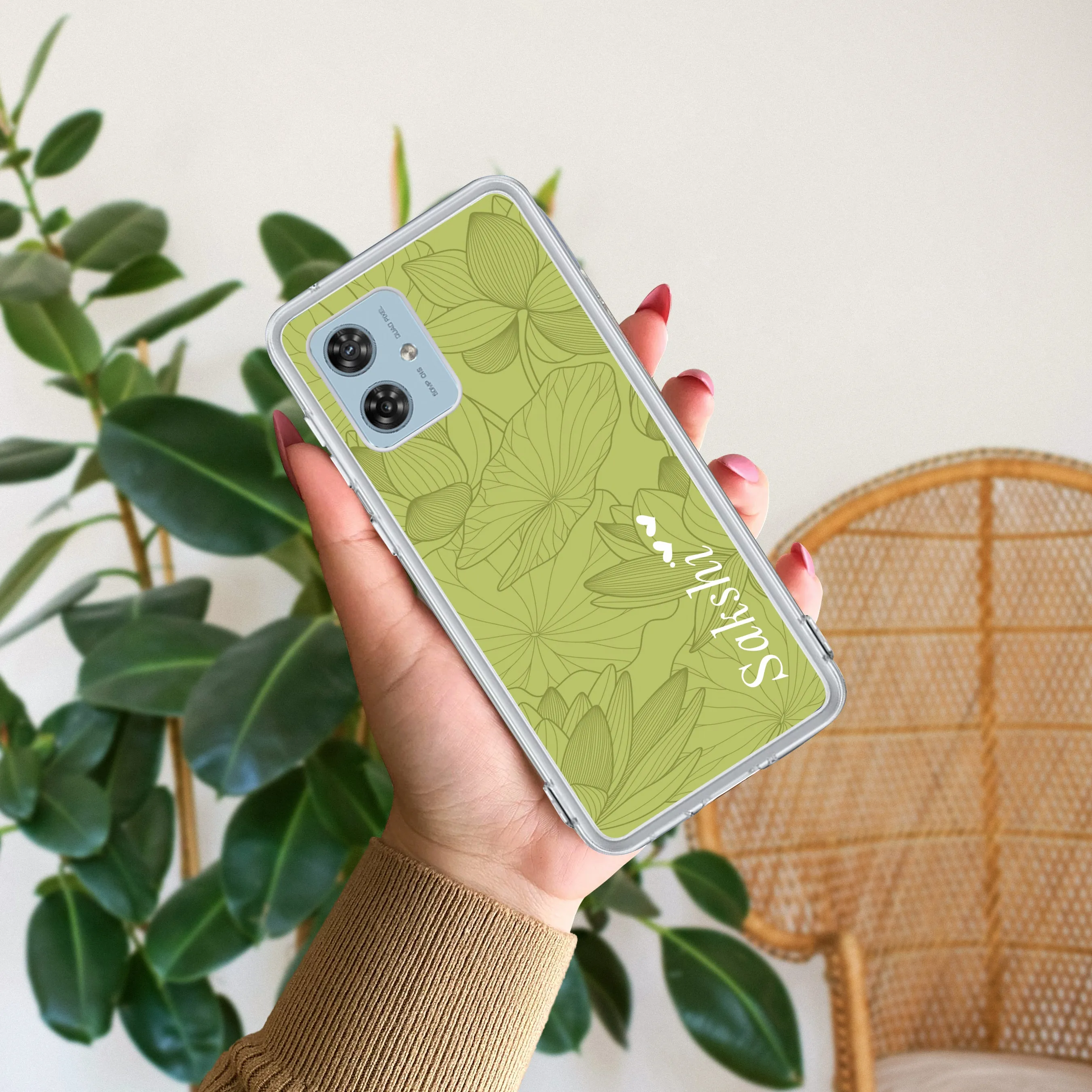 Customized luxury Mint Green leaves Transparent Silicon Case For Motorola