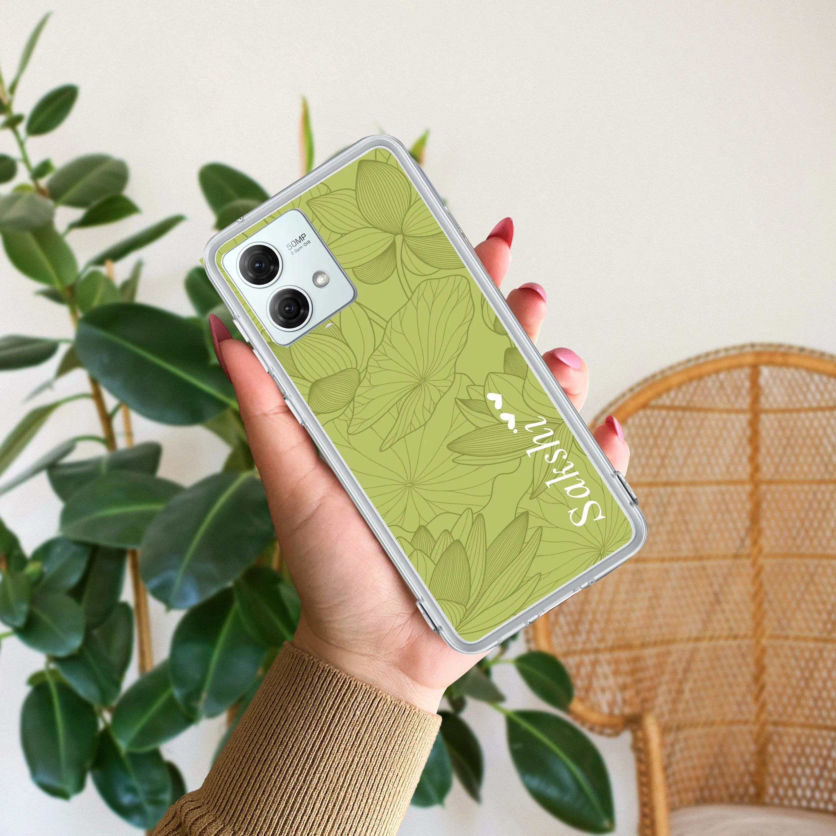 Customized luxury Mint Green leaves Transparent Silicon Case For Motorola