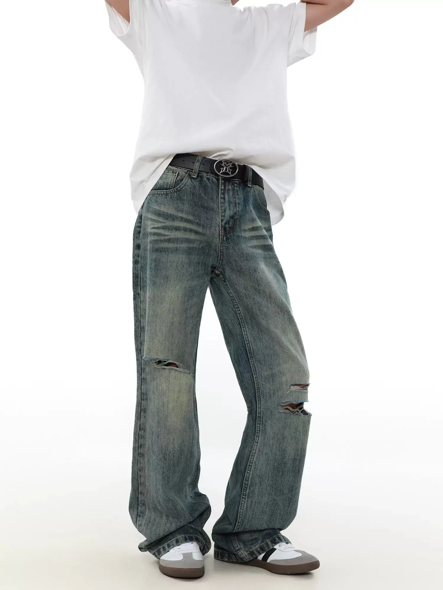 Cuts Detail Faded Jeans