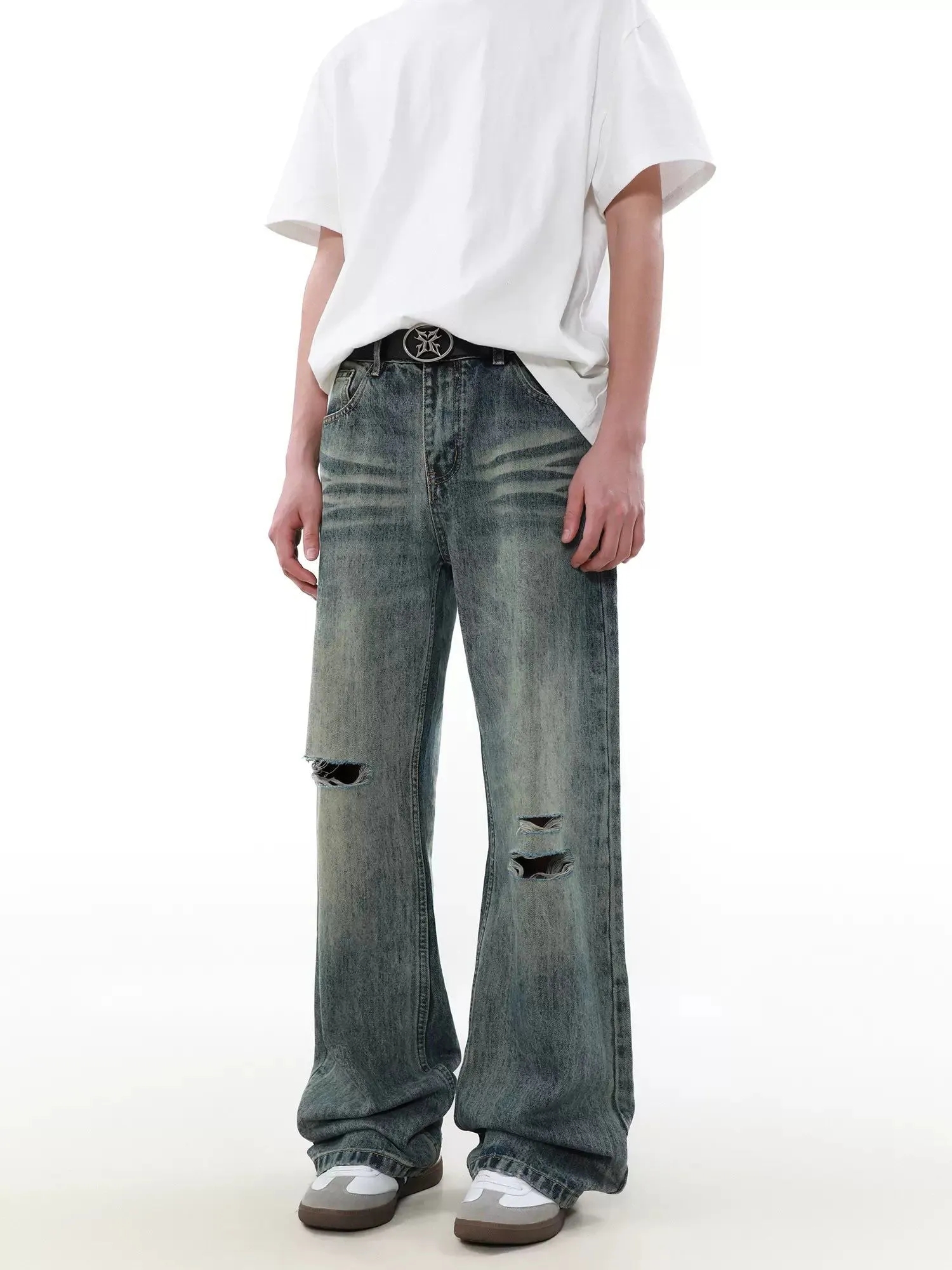 Cuts Detail Faded Jeans