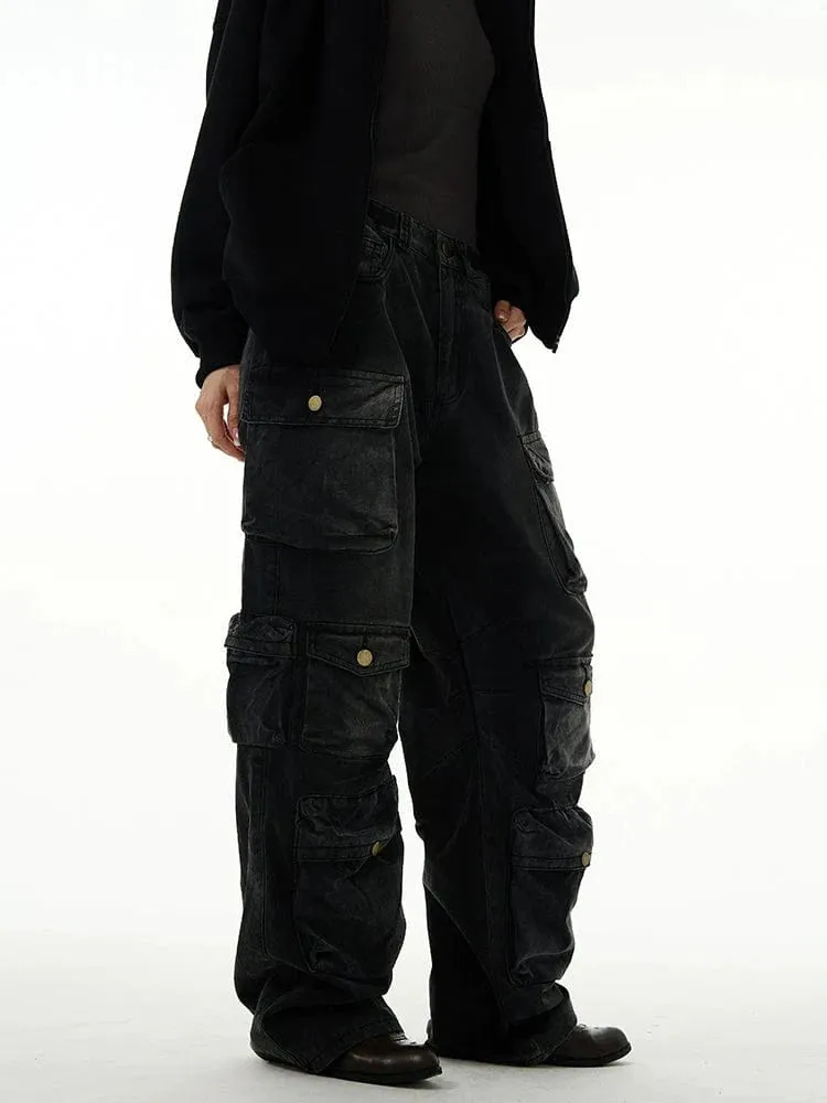 Versatile Faded Black Baggy Cargo Jeans with Multiple Pockets