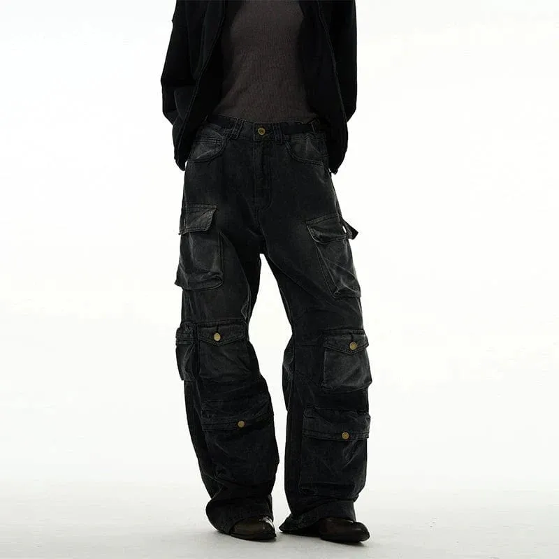 Versatile Faded Black Baggy Cargo Jeans with Multiple Pockets