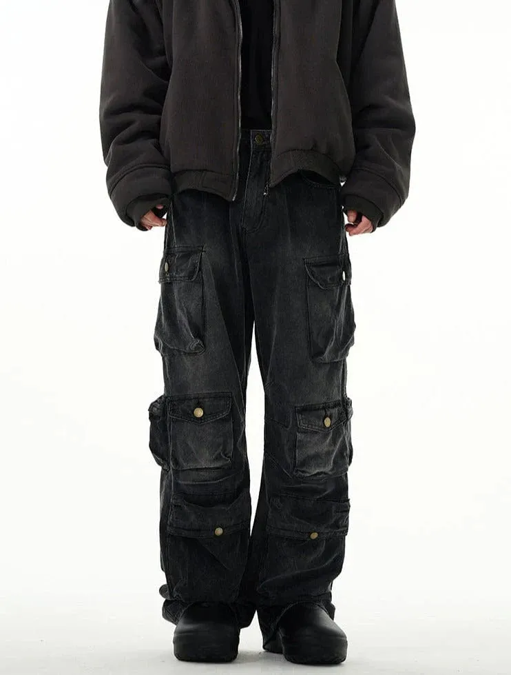 Versatile Faded Black Baggy Cargo Jeans with Multiple Pockets