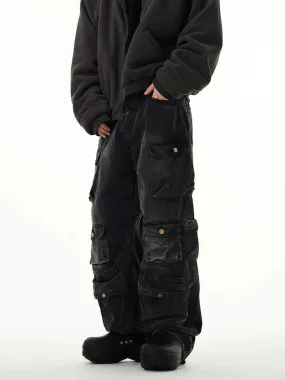 Versatile Faded Black Baggy Cargo Jeans with Multiple Pockets