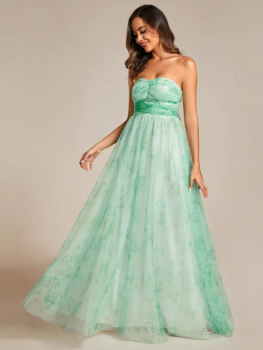 Floral Printed Empire Waist Strapless Formal Evening Dress with A-line