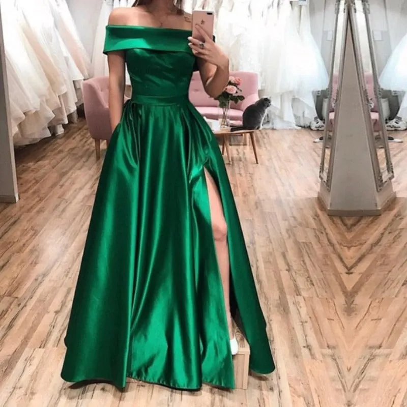 Green Satin Side Slit Pockets Evening Formal Dress EV1014