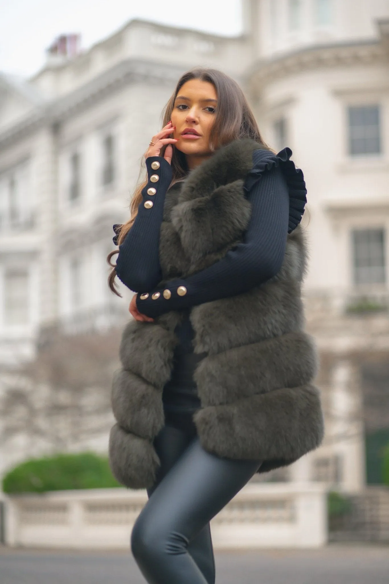 Khaki Luxury Fur 6 Row Gilet