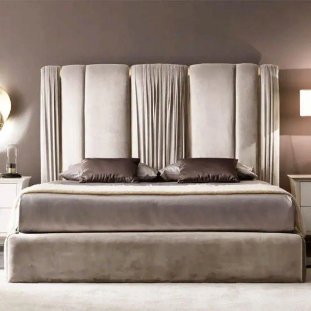 Lavish Luxury Upholstered Bed with Storage in Beige Suede