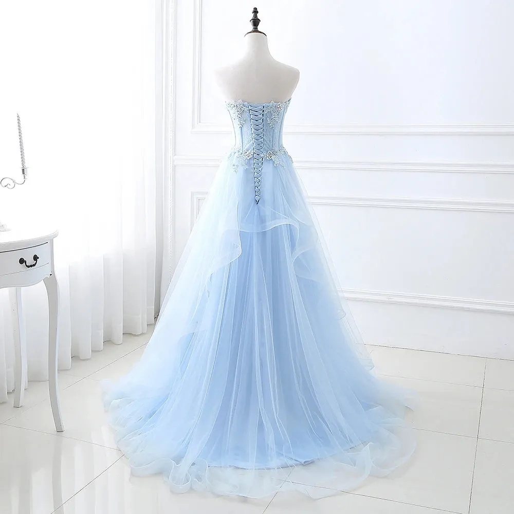 Light Blue Beaded Strapless A-Line Tulle Formal Party Gown