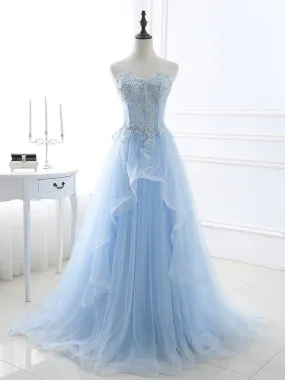 Light Blue Beaded Strapless A-Line Tulle Formal Party Gown