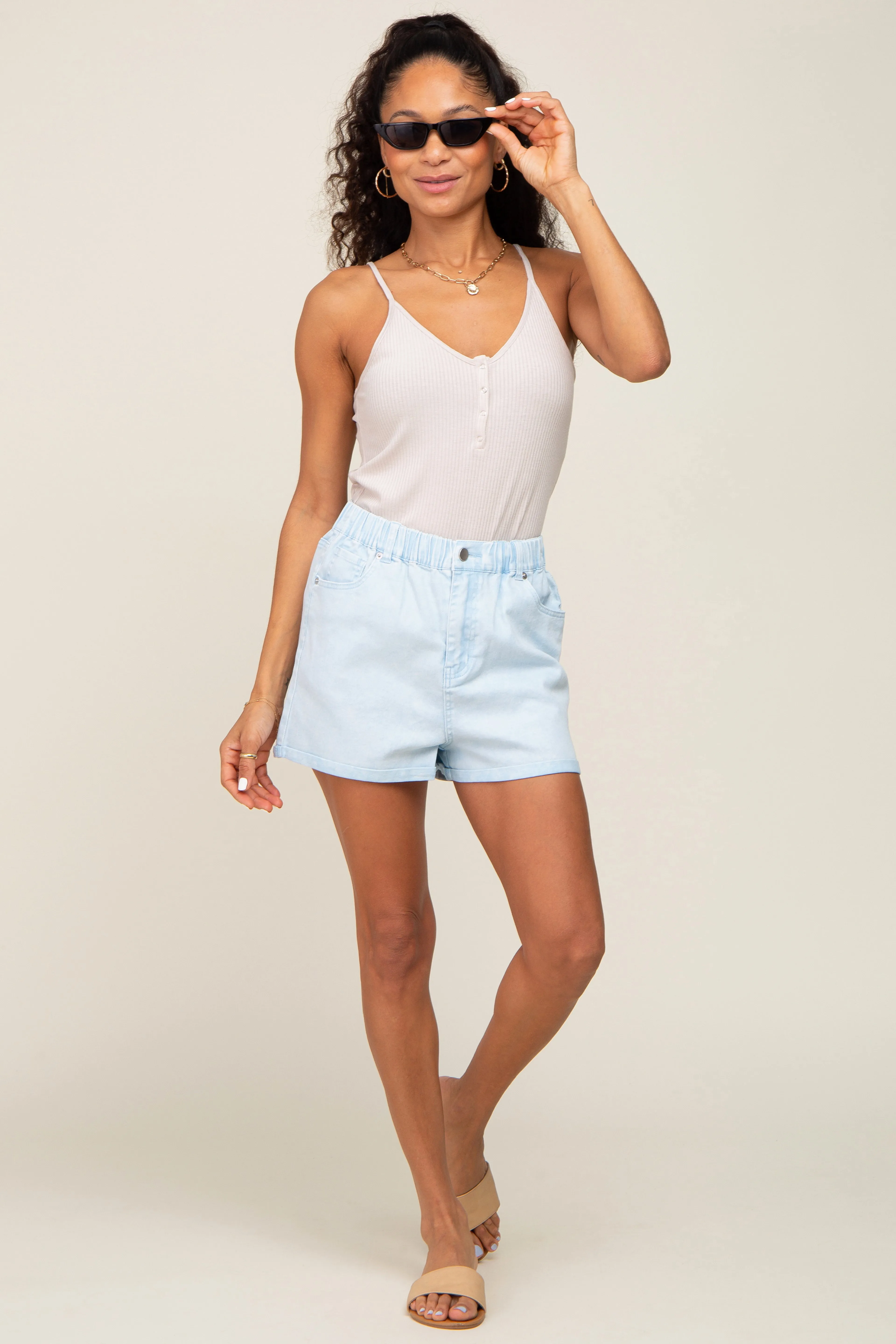 Light Blue Faded Elastic Waist Maternity Cuffed Shorts