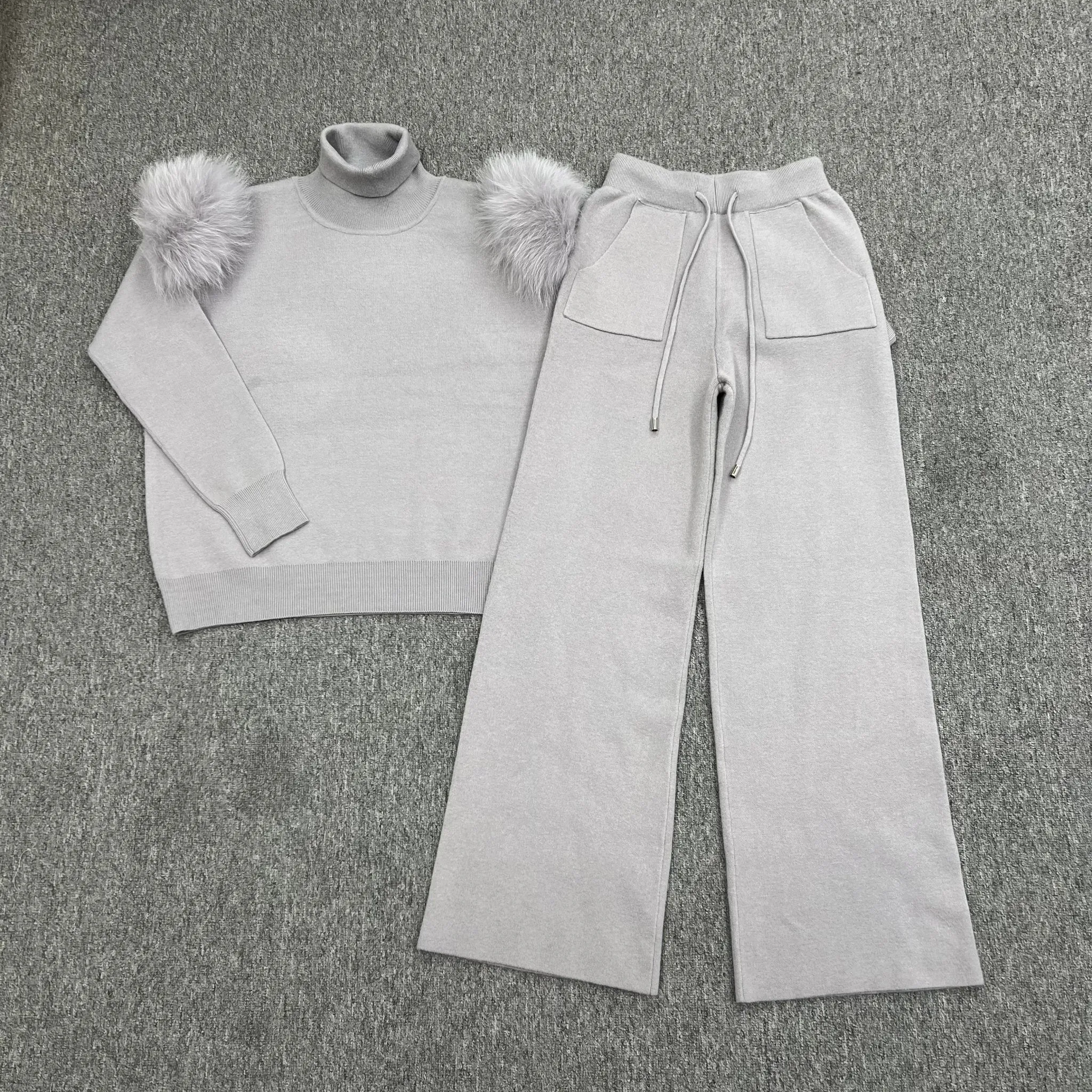 Light Grey Luxury Fur Roll Neck Wide Leg Tracksuit