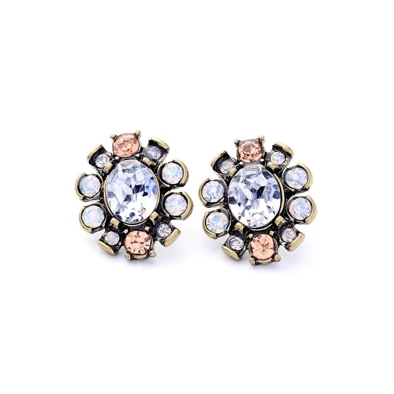 Luxury Antique Gold Clear Crystal Stud Party Earrings