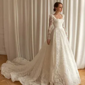 Luxury Lace Square Neck Detachable Sleeves Wedding Dress